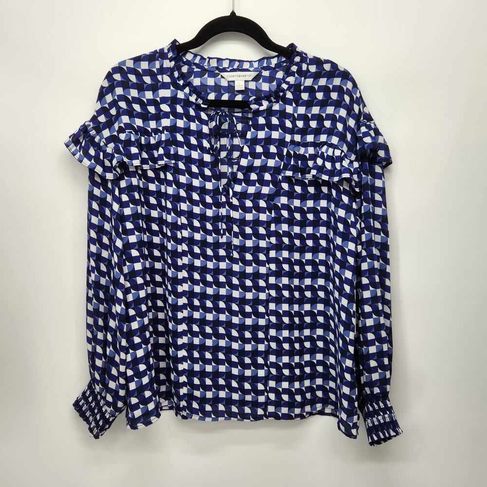 NWT Counterparts Cobalt Geometric Checked Ruffled Long Sleeve Blouse Women's L‎